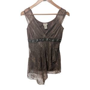 Y2K Decoded Lace Babydoll Blouse Womens Med Brown Glam Whimsygoth Fairy Romantic